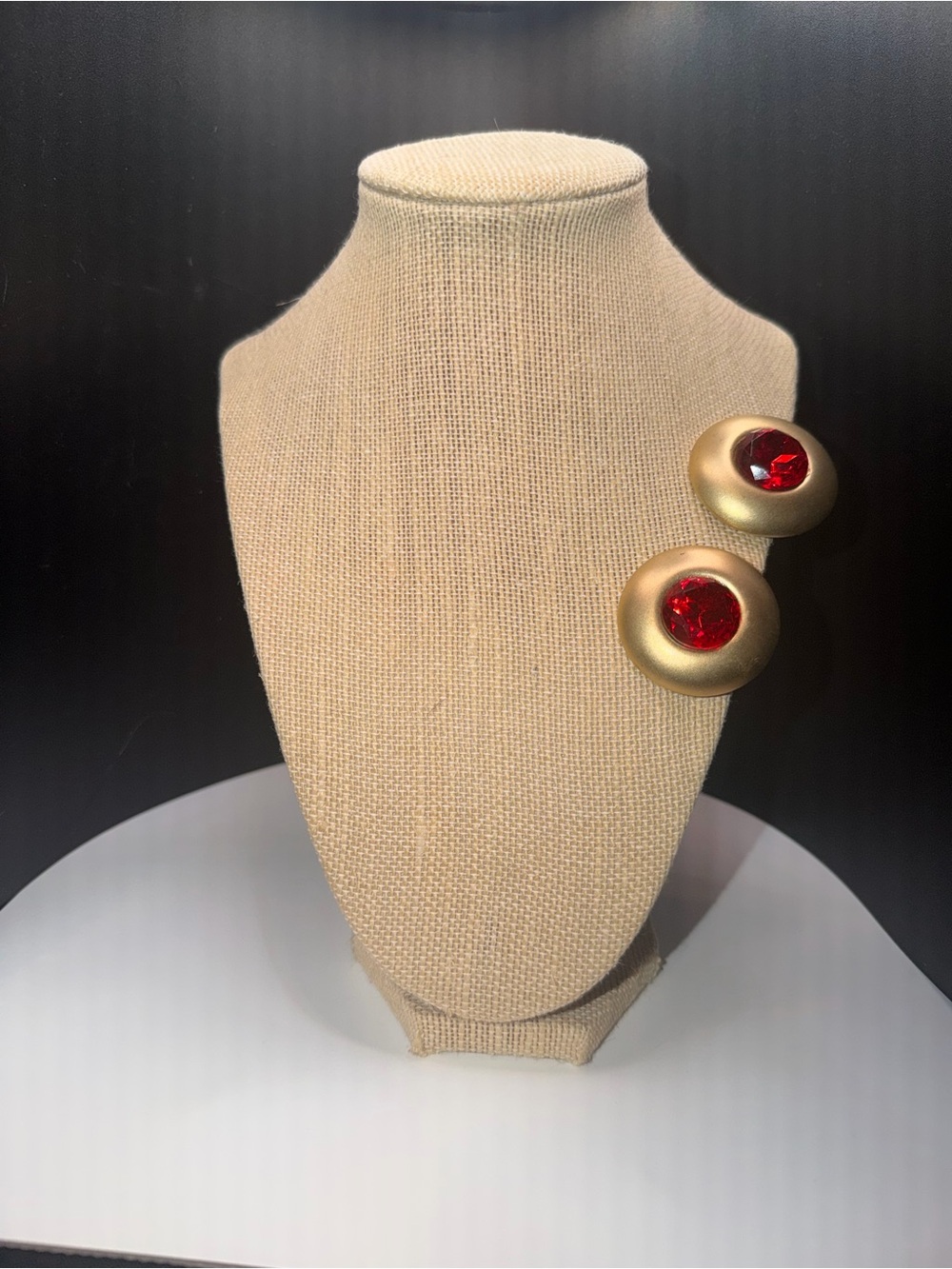 Clip On Gold-tone 80’s Earrings with Red Crystal Accent.